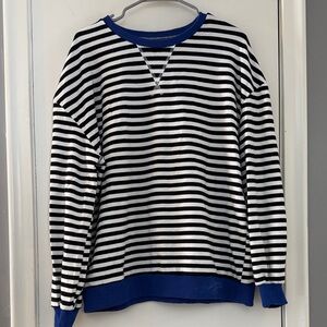 Amazon Black and White Striped Sweatshirt with Blue Trim